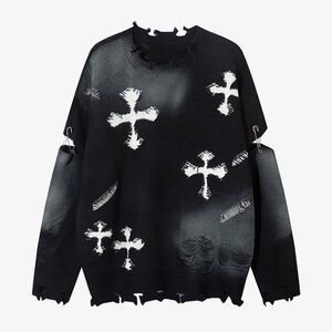TheSuperMade Black Cross-Print Crewneck Sweater with Pin Details